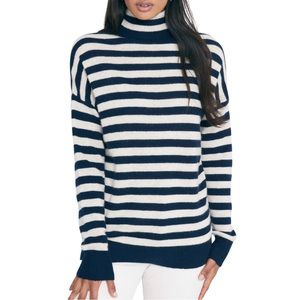 JUMPER 1234 Navy and Buff Roll Collar Striped Sweater